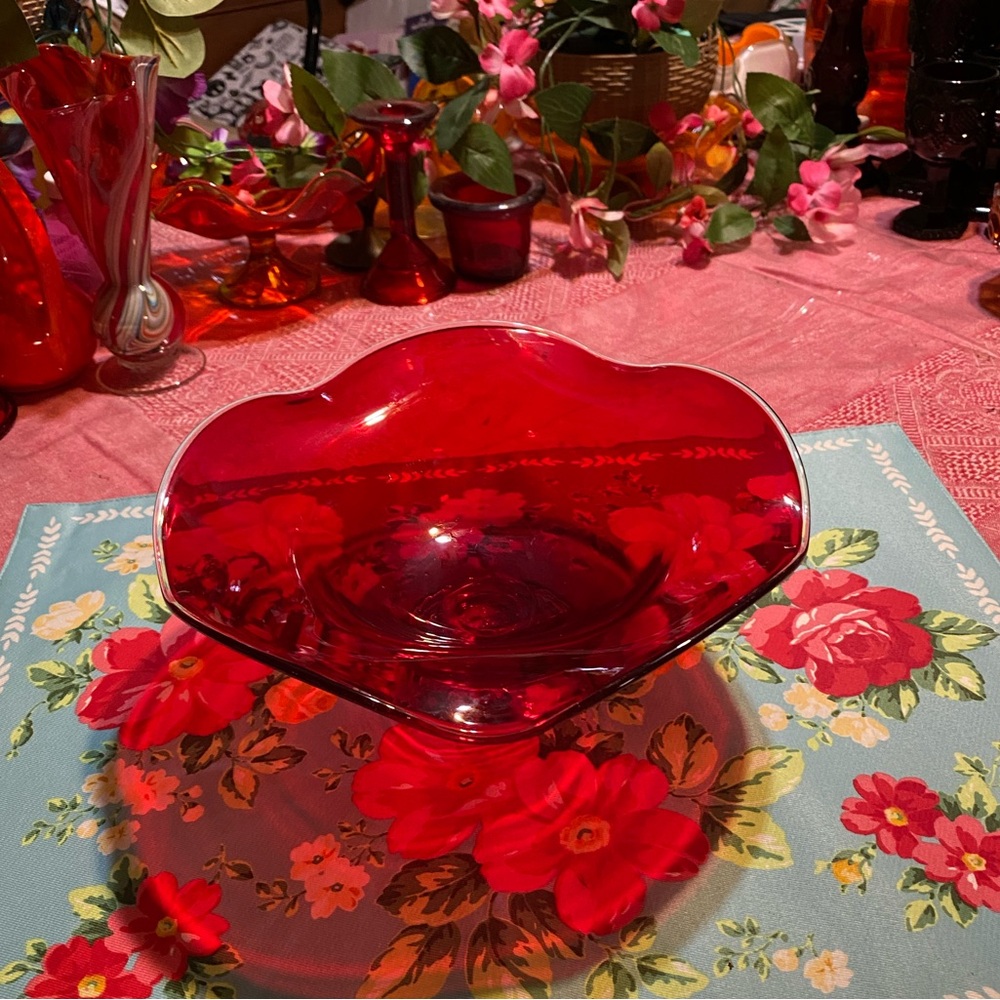 Antique glass wavy ruffled edge console/fruit bowl,ruby red,clear pedestal